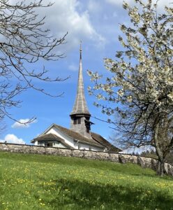 Auf dem Hügel in Witikon steht die Alte Kirche mit dem hohen Dachreiter, umgeben von der niedrigen Friedhofsmauer, die sich ans Gelände anschmiegt. Im Vordergrund blüht ein Apfelbaum. Gelb leuchtet Löwenzahn in der Wiese